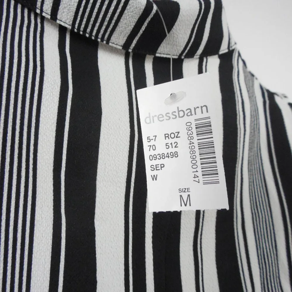DRESSBARN Top M Black/White Striped Blouse NWT Hi/Low Stretch Roll Tab Long Slvs - Picture 10 of 11